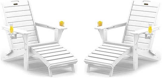 Folding Adirondack Chairs Set of 2,Adirondack Chair with Retractable Ottoman,Plastic Adirondack Chairs with 2 Cup Holder,Weather Resistant Patio Chair,Outdoor Chairs Set of 2(White)