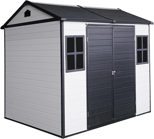 Outdoor Storage Shed with Two-Window and Lockable Door, 8 x 6 FT Resin Storage Shed, Plastic Tool Shed with Floor for Gargen, Patio, Yard, Lawn
