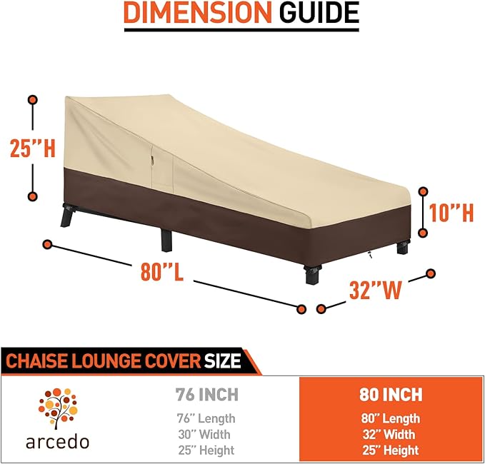 Arcedo Waterproof Outside Lounge Chair Covers 2 Pack, Heavy Duty Patio Chaise Lounge Covers for Outdoor Furniture, Protect Your Pool Chairs in Winter, 80" L x 32" W x 25" H, Beige and Brown