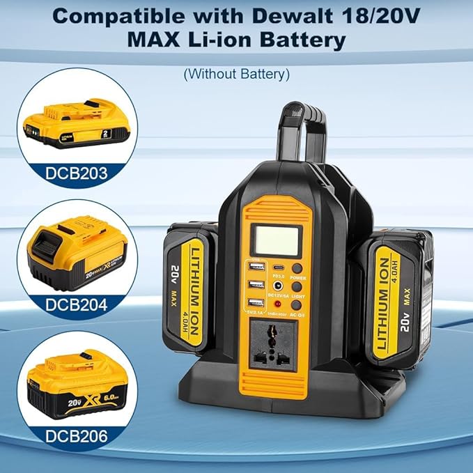 350W Power Inverter Compatible with Dewalt 20v Battery 2-Ports DC 20V to AC 110-120V Pure Sine Wave Battery Inverter with LED Light, 3 USB-A Port,1 Type-C Port,1DC Port for Camping Emergency