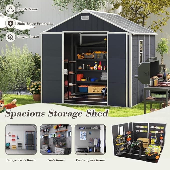 8x8 FT Resin Outdoor Storage Shed with Floor and Window, Outside Waterproof Plastic Garden Sheds w/Lockable Door & Vents, All-Weather Tool House for Patio, Backyard, Lawn, Dark Gray