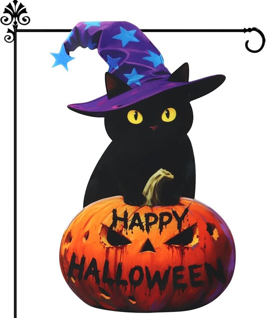 Halloween Black Cat Garden Flags 12x18 Inch Double Sided, Happy Halloween Pumpkin Welcome Small Yard Flags for Outside, Farmhouse Front Porch Outdoor Fall Decor Holiday All Seasons Decoration