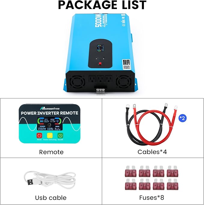 5000W Pure Sine Wave Inverter 12V DC to 110V/120V AC with WiFi Smart Control, Timer, LCD Display, 4 AC Outlets, USB Port & Terminal Block for RV, Truck, Off-Grid Camping