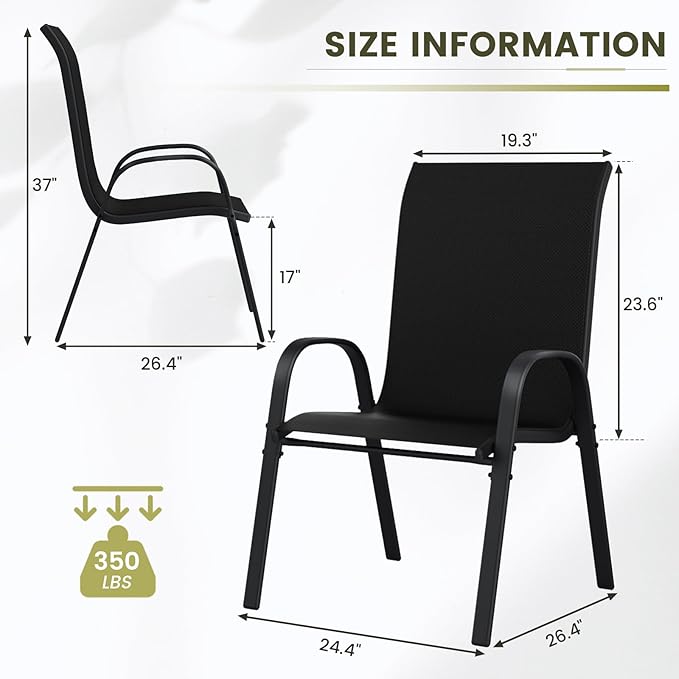 UDPATIO Patio Chairs Set of 2, Stackable Outdoor Dining Chairs with High Back, Breathable Textilene Outdoor Chair All Weather, 350LBS Capacity for Garden, Backyard (Black)