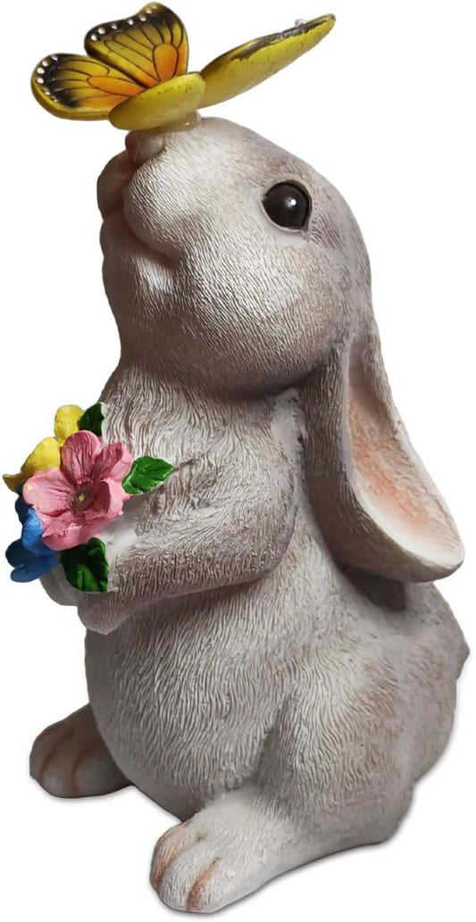 Solar Garden Statue LED Outdoor Garden Decor Funny Animal Sculpture for Yard Patio Lawn Weatherproof Resin Birthday Art Gift（Rabbit and Butterfly）