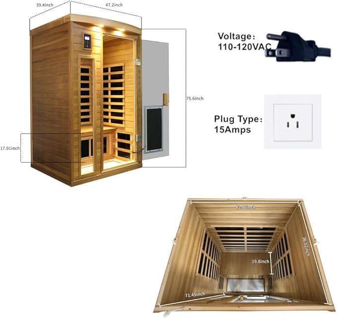2 Person Infrared Sauna, Red Cedar Wood Low EMF Far Infrared Saunas for Home, 1750watt Indoor Personal Sauna Roombox with Door Heating Panels, 7-Color Lights, Outdoor Lamps, Blue-Tooth