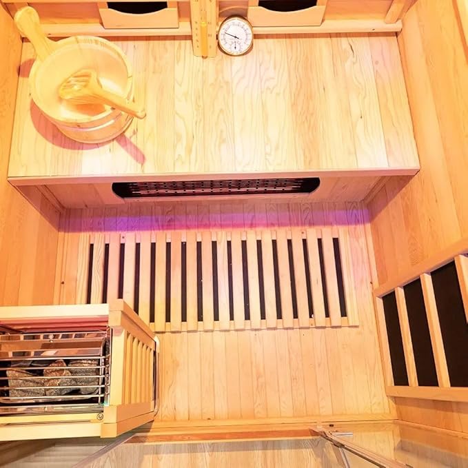 Luxury Dual-System Wood Sauna Room for 2 Person, Hybrid Indoor Sauna Spa,Canadian Hemlock, 3.5KW Heater, 195°F Steam+149°F Far Infrared, 9 Heating Elements, 220V, Oxygen Ionizer, 8mm Tempered-Grass