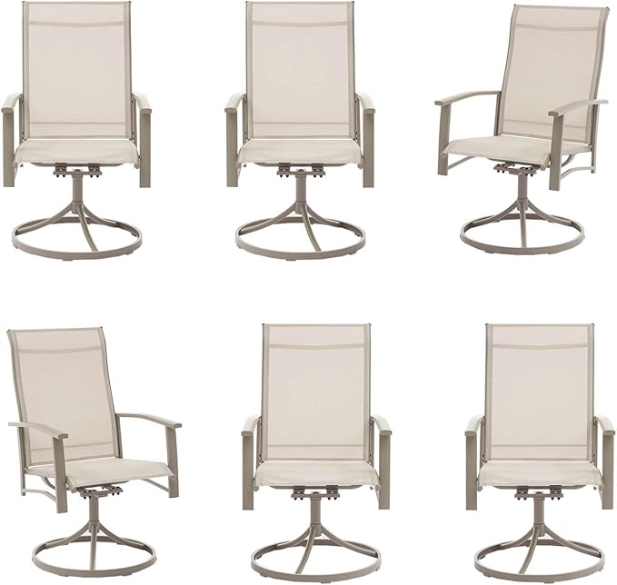 Patio Swivel Chairs Set of 6, Outdoor Swivel Chairs with Armrest, High Back Patio Chair with Metal Frame, All-Weather Outdoor Dining Chair for Deck, Porch and Lawn, Ivory Beige