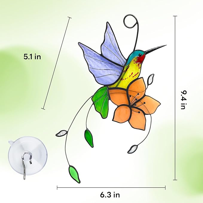 Handmade Stained Glass Hummingbird Suncatcher, Lavender-Purple Bird with Peach-Fuzz Flower Window Hanging Decor, Art Glass Ornament, Unique Gifts for Mom, Bird Lovers & Home Decoration