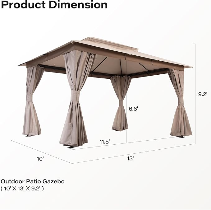 Outdoor Patio Gazebo 10x13FT, Heavy Duty Party Tent & Shelter with 2-Tier Roof and Expansion Bolts, Mosquito Nettings and Privacy Screens for Backyard, Garden, Poolside, Khaki