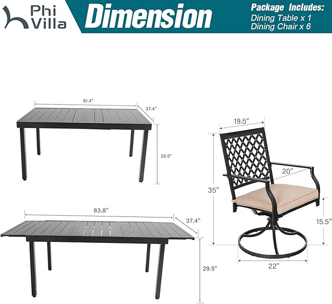 PHI VILLA Patio Dining Set 7 Pcs 1 Extendable Dining Table and 6 Swivel Chairs Support 300 lbs for Outdoor Backyard Bistro Furniture Set with Cushion