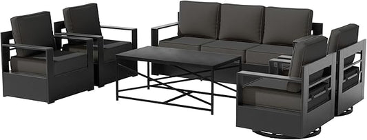 6 PCS Aluminum Patio Conversation Set - 3-Seater Sofa, 2 Swivel Chair, 2 Fixed Chair, 1 Metal Table with 6" Thick Water-insistant Cushions, All-Weather Use Removable Cover (Grey)