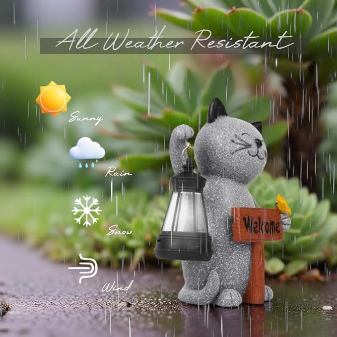 Cat Garden Statues with Solar Lantern, Outdoor Figurine Resin Sculpture Hanging Solar Power Lights for Decoration Yard Patio Balcony Lawn Ornament Art Decor, Unique Gift for Grandma Wowen Mom
