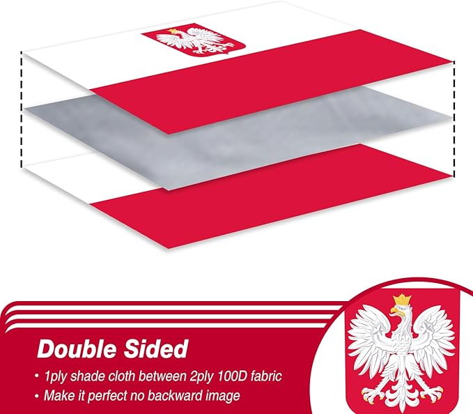 Poland Ensign Polish Flag 3x5 ft Outdoor, Double Sided 3 Ply Heavy Duty National Flag 100% Quality Polyester Polish Eagle Banner with Brass Grommets 4 Rows Stitches