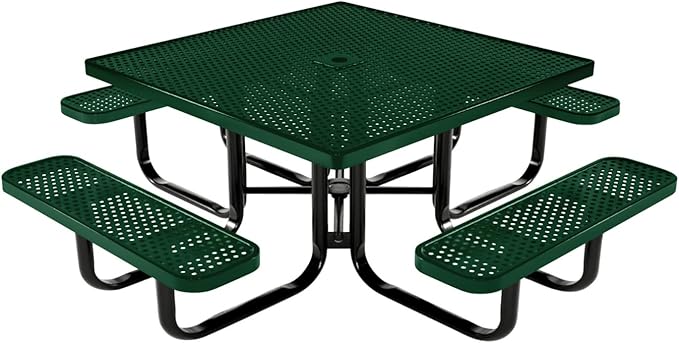 COATEDOUTDOORFURNITURE Heavy-Duty Portable Outdoor Kids Table with Umbrella Hole, Punched Steel Kids Picnic Table, Commercial-Grade, Made in America (46 in, Square, Childrens, Green)