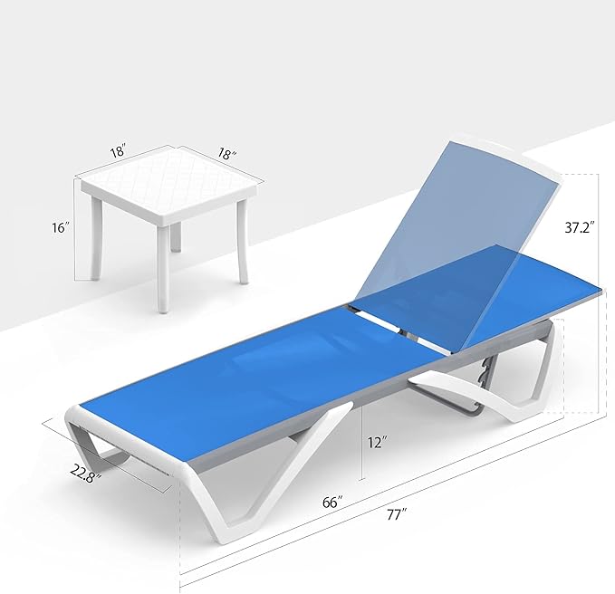 Domi Patio Chaise Lounge Chair Set of 3,Outdoor Aluminum Polypropylene Sunbathing Chair with Adjustable Backrest,Arm,Side Table,for Beach,Yard,Balcony,Poolside(2 Blue Chairs + 1 Side Table)