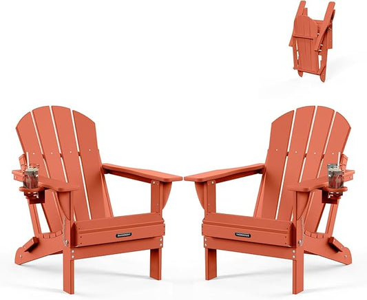MUCHENGHY Folding Adirondack Chairs Set of 2, Patio Chairs, Lawn Chairs, Outdoor Chair, Adirondack Chair Plastic, Fire Pit, Weather Resistant with Cup Holder for Deck, Backyard, Garden(Orange)