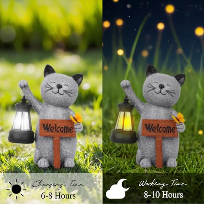 Cat Garden Statues with Solar Lantern, Outdoor Figurine Resin Sculpture Hanging Solar Power Lights for Decoration Yard Patio Balcony Lawn Ornament Art Decor, Unique Gift for Grandma Wowen Mom