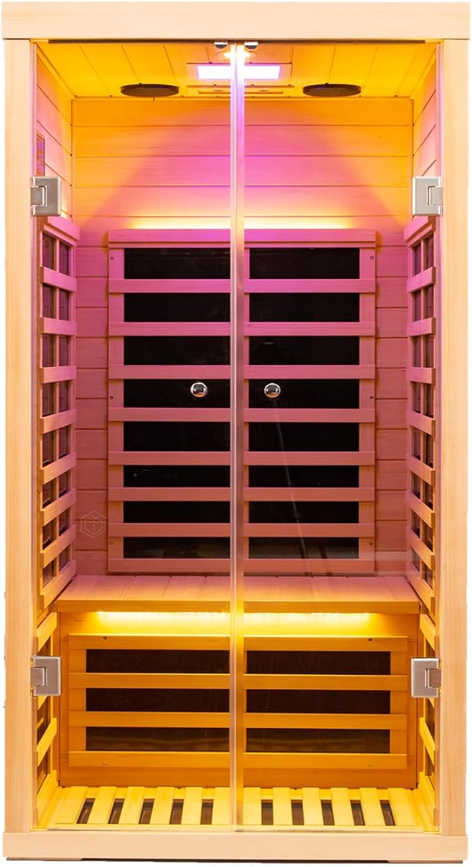 Hemlock 1 Person Infrared Sauna for Home, Luxury Personal Indoor Sauna Spa, 1420w/120v Ultra Low EMF Infrared Sauna, App&LCD Panel Controls, Bluetooth Speakers, Chromotherapy Lights, Reading