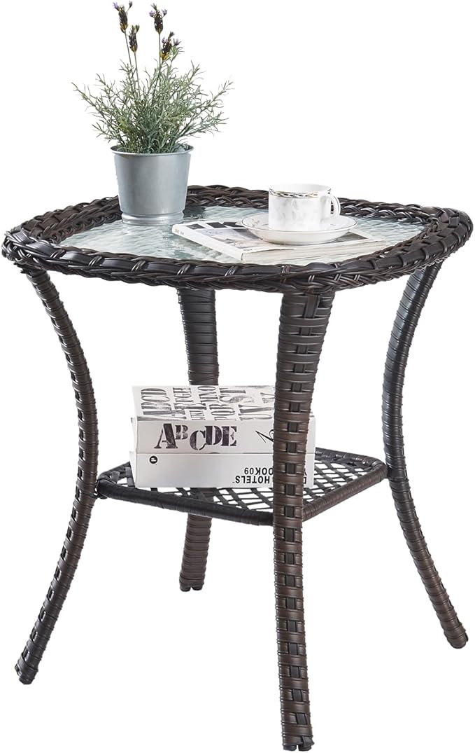 Outdoor Side Table, Brown Rattan Wicker Patio Side Table, Patio End Table, Small Outdoor Side Table with Glass Tabletop and Storage Shelf (Brown)