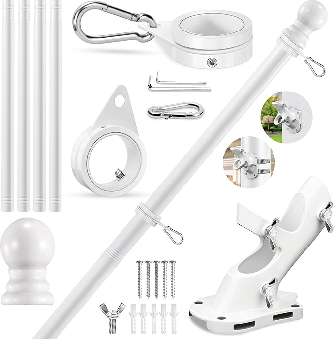 REERON House Flag Pole kit, 5 FT Metal Spinning Flag Poles Kit, 1" Tangle Free Stainless Steel Flagpole with 360° Flagpole Rings & 2-Position Bracket for Outside House Porch Wall Mount for 3x5 Flag