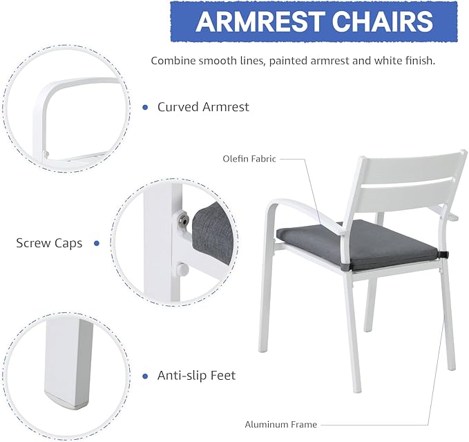Soleil Jardin Outdoor Aluminum 2-Piece Patio Dining Chairs with Cushions, Stackable Bistro Chairs for Balcony, Garden, Backyard, White Finish & Grey Cushion
