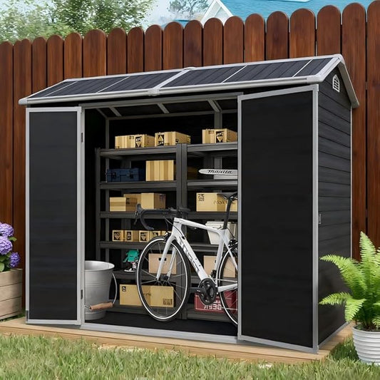 8x4 FT Resin Outdoor Storage Shed with Floor and 2 Windows, Outside Plastic Sheds Storage Clearance w/Lockable Door, Backyard Garden Tool House for Patio, Yard, Lawn, Bike, Black