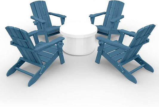 Folding Adirondack Chair Wood Texture 4 Pack, HDPE All-Weather Fire Pit Chairs, Plastic Adirondack Chairs with 2 Cup Holder, Outdoor Lawn Chair for Patio Garden (Navy Blue)