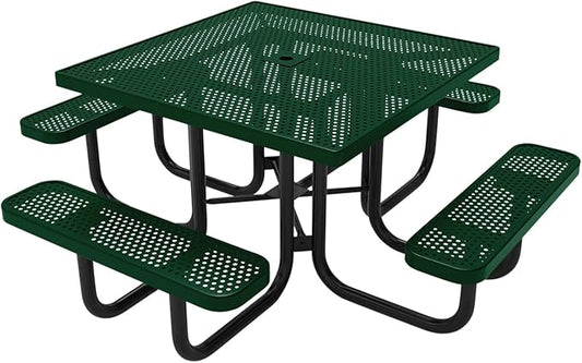 COATEDOUTDOORFURNITURE Heavy-Duty Portable Outdoor Picnic Table with Umbrella Hole, Punched Steel Commercial-Grade Patio Dining Furniture Made in America (46" Square Top, Green)