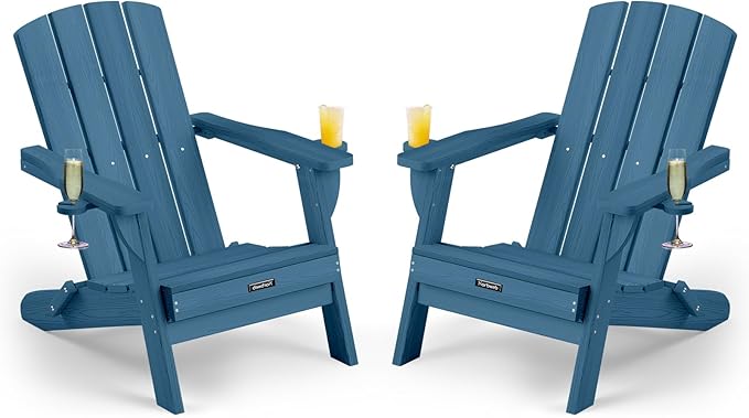 Folding Adirondack Chair Wood Texture 2 Pack, HDPE All-Weather Fire Pit Chairs, Plastic Adirondack Chairs with 2 Cup Holder, Outdoor Lawn Chair for Patio Garden (Navy Blue)