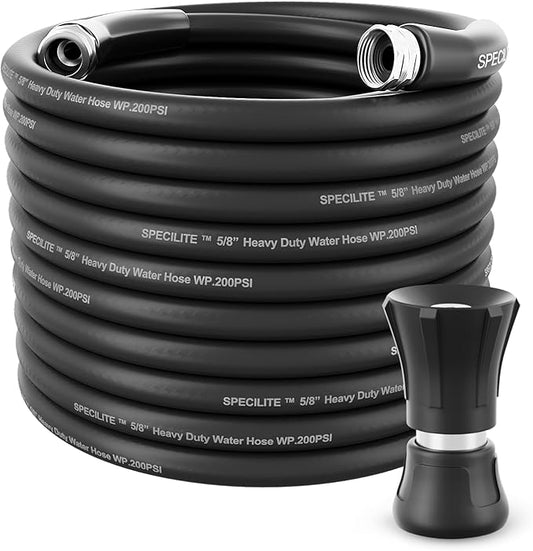 SPECILITE 5/8" Hot/Cold Water Hose 100 ft with High Flow Nozzle,Heavy Duty Flexible Rubber Garden Hose -50℉ to 158℉ With 3/4" Stainless Steel Fittings for Yard, Outdoor, Farm, Lightweight, Black
