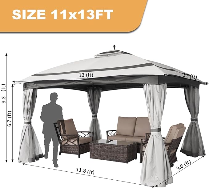 11x13 Gazebo for Patio, Gazebo with Curtains& Sandbags, Double Tier Roof Marquee Canopy for Garden, Deck, Backyard, Lawn (Grey)-Netting not Included