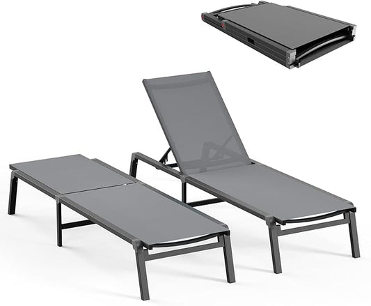 Patio Chaise Lounge Chair, Foldable Lounge Chair for Outside, Aluminum Chairs Set of 2 with 5 Adjustable Backrest, Outdoor Pool Lounger for Poolside, Lawn, Deck, Grey
