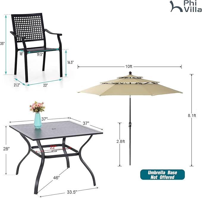 PHI VILLA 5 Pieces Patio Dining Set for 4 with 10ft Patio Umbrella, Metal Outdoor Stackable Wrought Iron Chair Set of 4 & 37" Metal Dining Table,3 Tier Vented Market Table Beige Umbrella