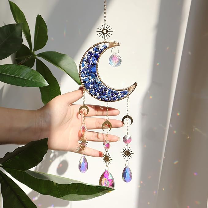 Moon Suncatcher Hanging Decor, Boho Chic Lapis Lazuli Crystal Sun Catcher, Spritual Sun Light Catcher for Windows, Blue Crescent Moon Housewarming Gift (Lapis Lazuli)