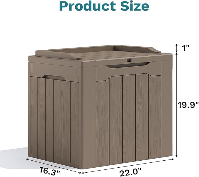 Patiolife 30 Gallon Resin Deck Box, Small Outdoor Storage for Garden Tools, Pool Supplies, Waterproof and Lockable, Brown