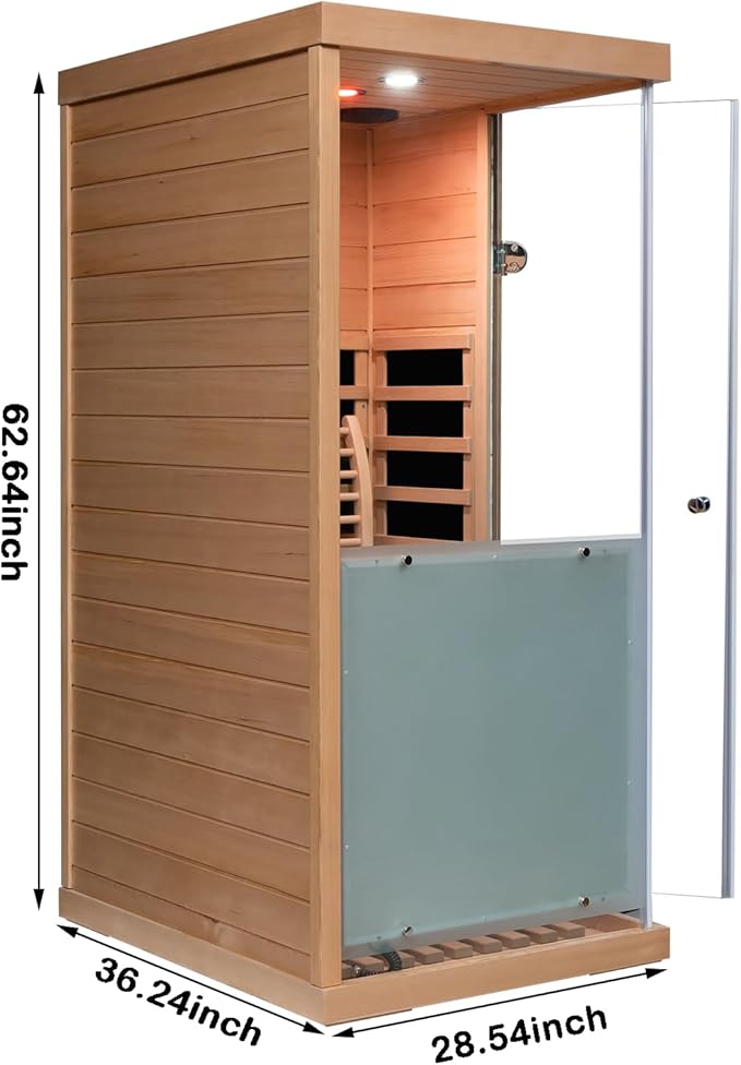 Hemlock Deluxe Mini Indoor Sauna 1 Person, Far Infrared Sauna at Home, Wooden Dry Sauna 1060w with 6 Far Infrared Heating Plate, Bluetooth Speaker, Red Light, Reading Light(Left Door)