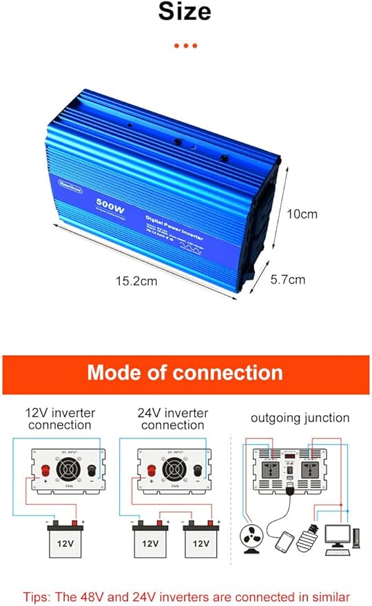 500W Pure Sine Wave Inverter Digital Power Inverter DC 12V to AC 110V, Peak Power1000W, with 2.4A Dual USB+2AC Ports Car Charger Adapter and Cigarette Lighter Plug for RV, Vehicles
