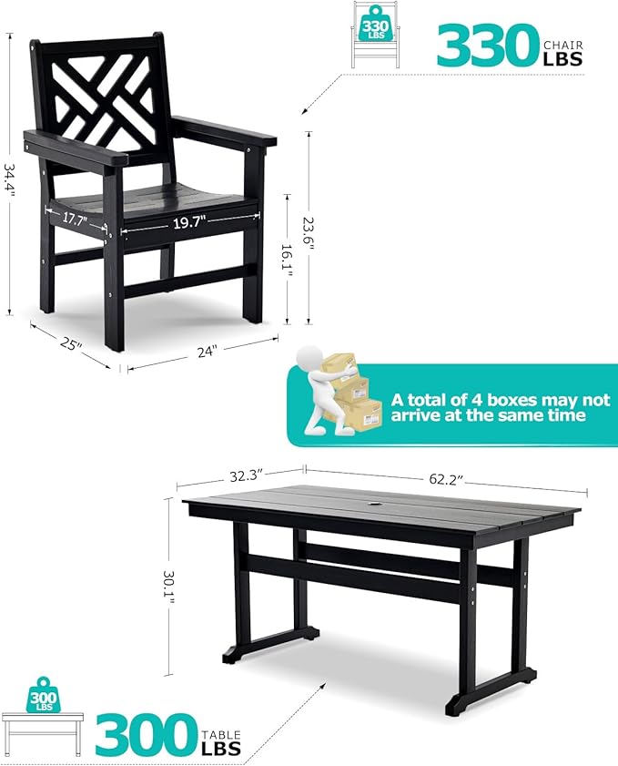 7 Piece HDPE Outdoor Dining Set for 6, Patio DHPE Furniture Set with Umberlla Hole, Weather Resistent Outdoor Table and Chairs for Garden, Poolside, Backyard, Deck, Black