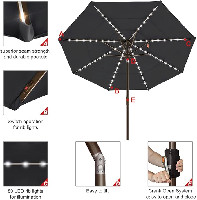 EliteShade USA 10-Year-Non-Fading Solar 9ft 3 Tiers Market Umbrella with 80 LED Lights Patio Umbrellas Outdoor Table with Ventilation,Black