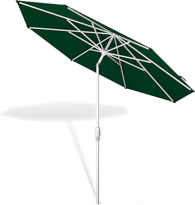 Midtown Umbrellas The Swilt 8 Feet Patio Umbrella in Sunbrella Forest Green Acrylic Fabric - Fiberglass Ribs, Auto-Tilt Aluminum Frame For Backyard, Deck, Garden, Pool - White Pole