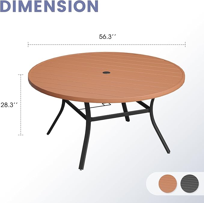 VICLLAX Outdoor Patio Round Dining Table, 56.3"x 56.3" Plastic Tabletop for Deck Lawn Garden Backyard, Walnut
