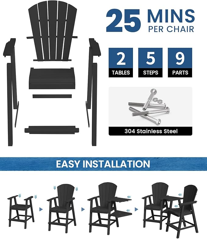 Ciokea Tall Adirondack Chairs Set of 4, HDPE Outdoor Adirondack Bar Stools with Double Connecting Tray, Weather Resistant High Back Adirondack Balcony Chairs for Deck, Lawn, Pool, Backyard, Black
