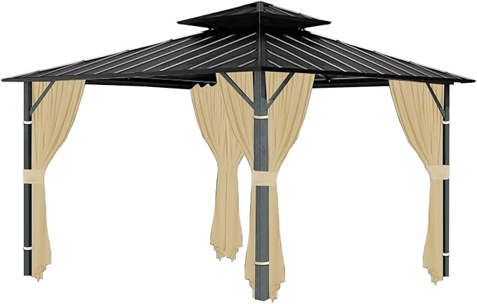 Gazebo Universal Replacement Privacy Curtain, 10'X12' Gazebo Curtains Outdoor Waterproof, 4-Panels Sidewall with Zipper for Patio, Garden and Backyard (Only Curtains, 10'X12', Khaki)