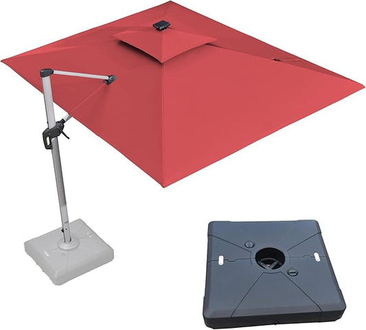 PURPLE LEAF 9' X 12' Solar Powered LED Square Cantilever Umbrella With Base Patio Umbrellas Windproof Hanging Umbrella Outdoor Umbrellas, Terra