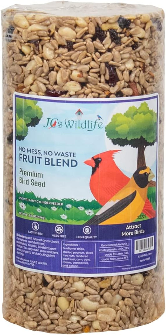 JCs Wildlife No Mess, No Waste Fruit Blend Premium Bird Seed Small Cylinder with Hole, 2 lb (1 Cylinder)
