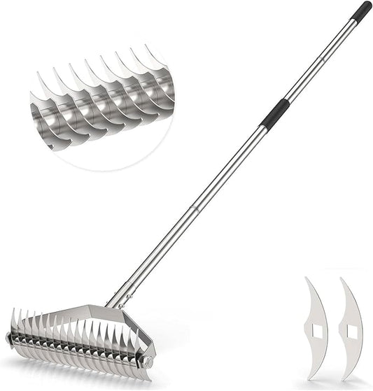 Thatch Rakes for Lawns,14.2-Inch Thatching Rake,304 Stainless Steel Dethatcher Rake with Adjustable Handle and 2 Extra Replaceable Blades,Heavy Duty Rakes for Cleaning Dead Grass and Loosening Soil