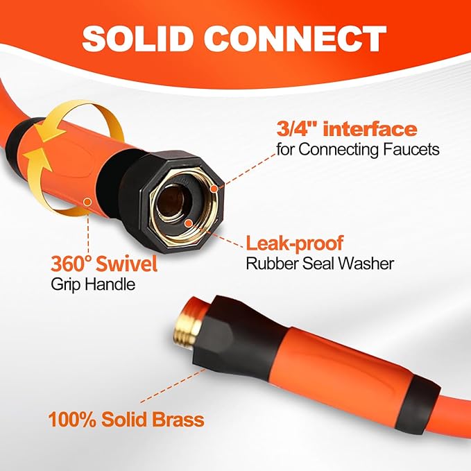 YOTOO Heavy Duty Hybrid Garden Water Hose 5/8-Inch by 75-Feet 150 PSI Kink Resistant, Flexible with Swivel Grip Handle and 3/4" GHT Solid Brass Fittings, Orange