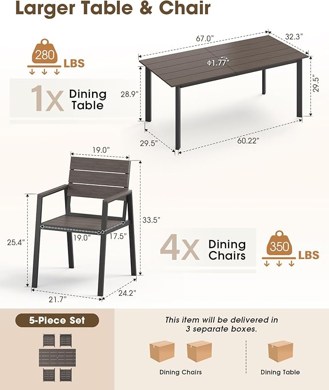 Outdoor Patio Dining Sets, Aluminum 5 Piece HDPE Outdoor Dining Table and Chairs Set with Umbrella Hole, Modern Rectangular Patio Furniture Set with All-Weather Table and 4 Chairs (Charcoal)
