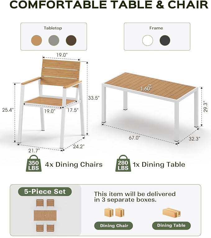 Outdoor Dining Set, Patio Table and Chairs of 4, Aluminum Outdoor Furniture Set with Umbrella Hole, HDPS Patio Dining Table Set for 4 (White-Teak)